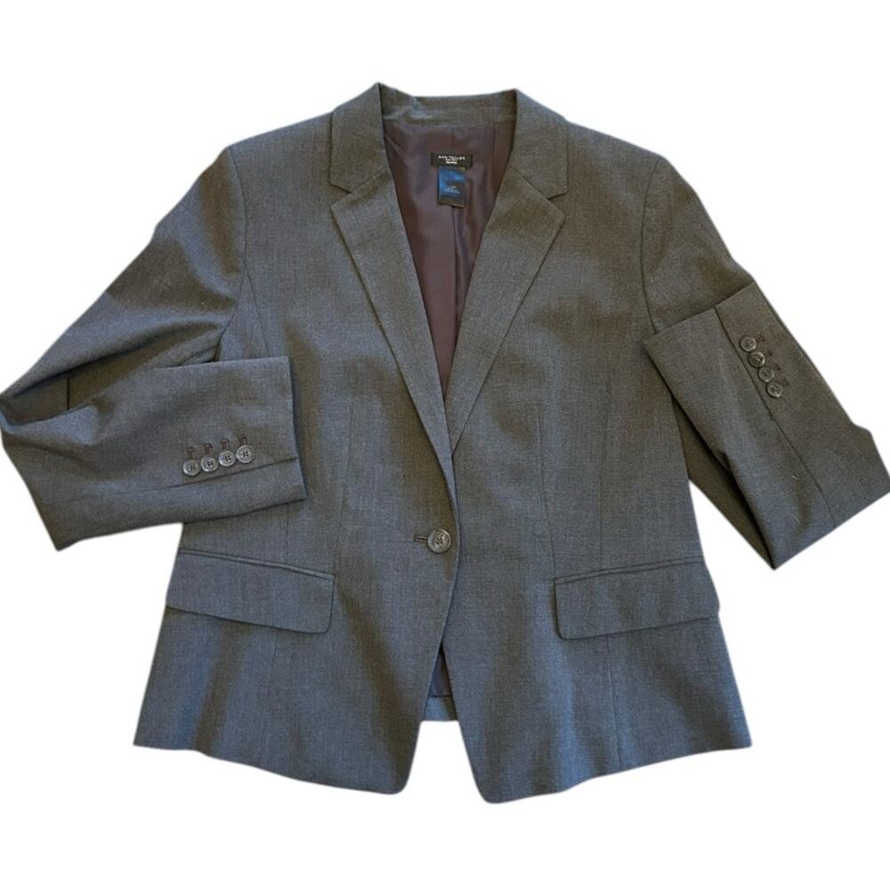 Ann Taylor Factory Blazer Women 14 Petite Notch Lapel One Button Lined Dark Gray